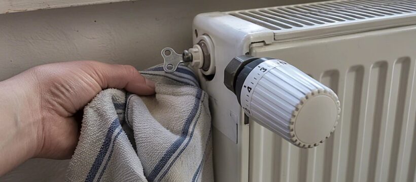 Heizkörper mit Entlüftungsschlüssel am Ventil und Tuch darunter